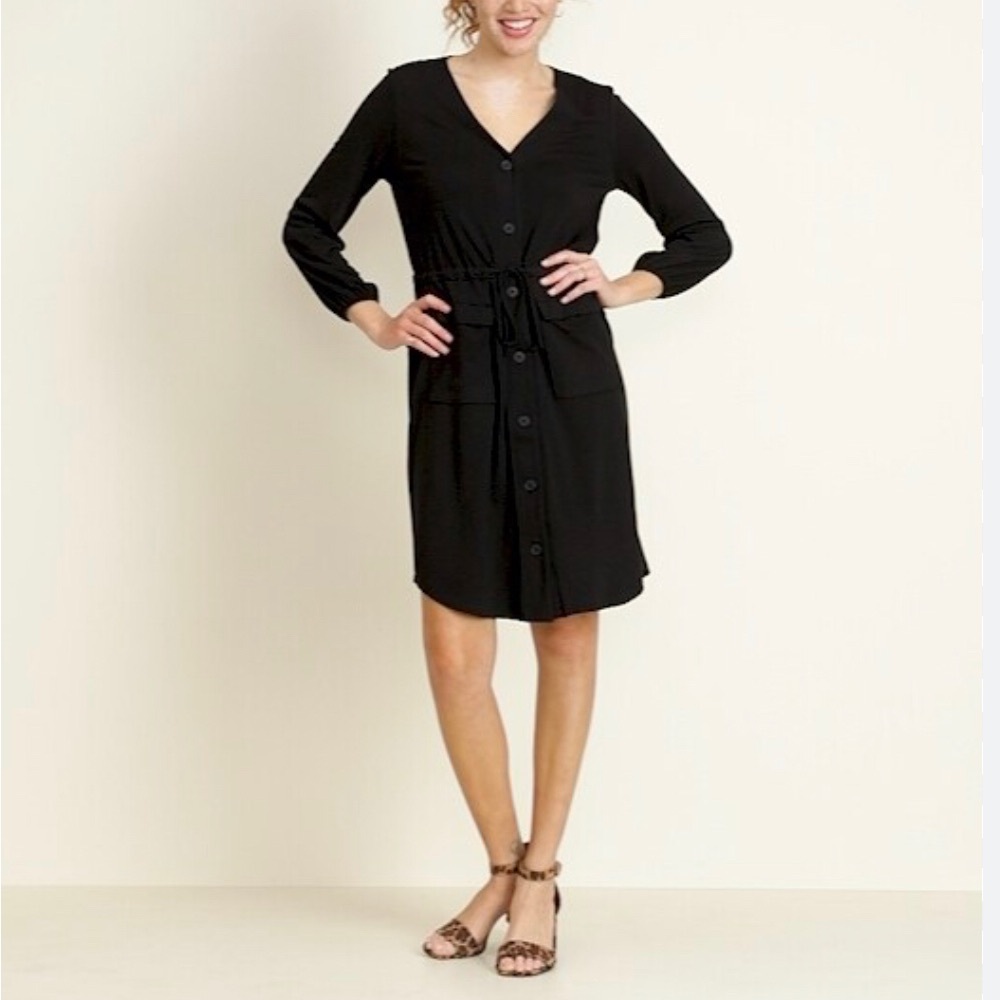 Old Navy Women's Black Ponte Knit Utility Dress V Neck Long Sleeve Size S